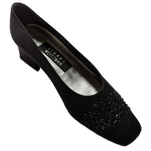 Stuart Weitzman black satin embellished shoes. Size 7